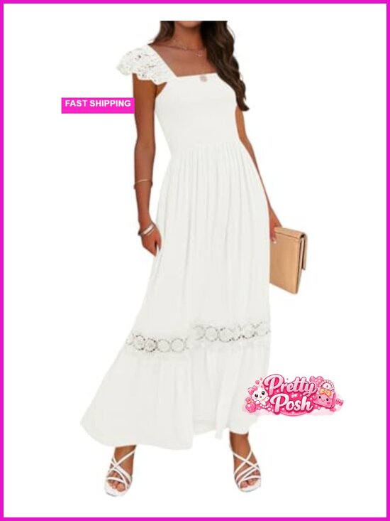 Dresses & Skirts - Sleeveless Square Neck Smocked High Waist Maxi Dress with Lace Straps
